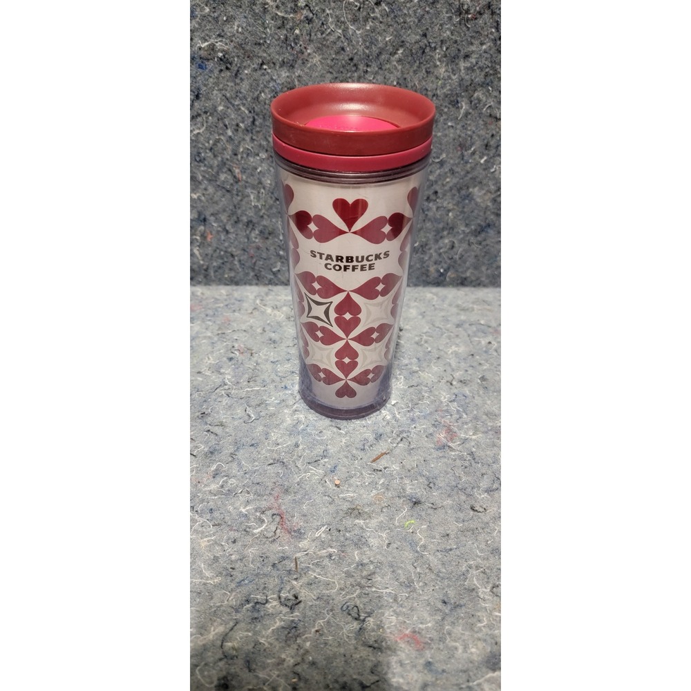 Starbucks Vintage 2009 Red Hearts Travel Coffee Mug Tumbler Push down Lid 10oz